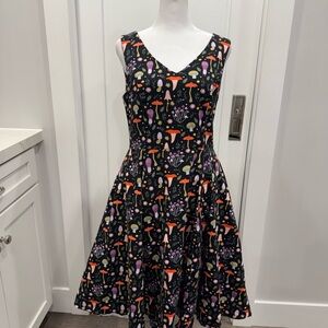 Eva Rose Mushroom Print Fit & Flare Black Dress L
